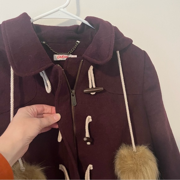 Cath Kidston Women’s Duffle Jacket Faux Fur Pom Poms Toggle Zip Burgundy UK 12 - Picture 8 of 11